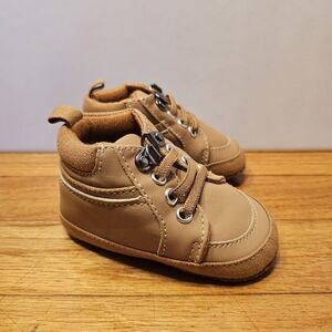 Tan Faux Leather Canvas Baby Slipper High Top Lace Up Crib Shoe Boy 2